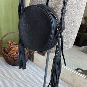 All Saints Circular Black Mini Bag with Fringe